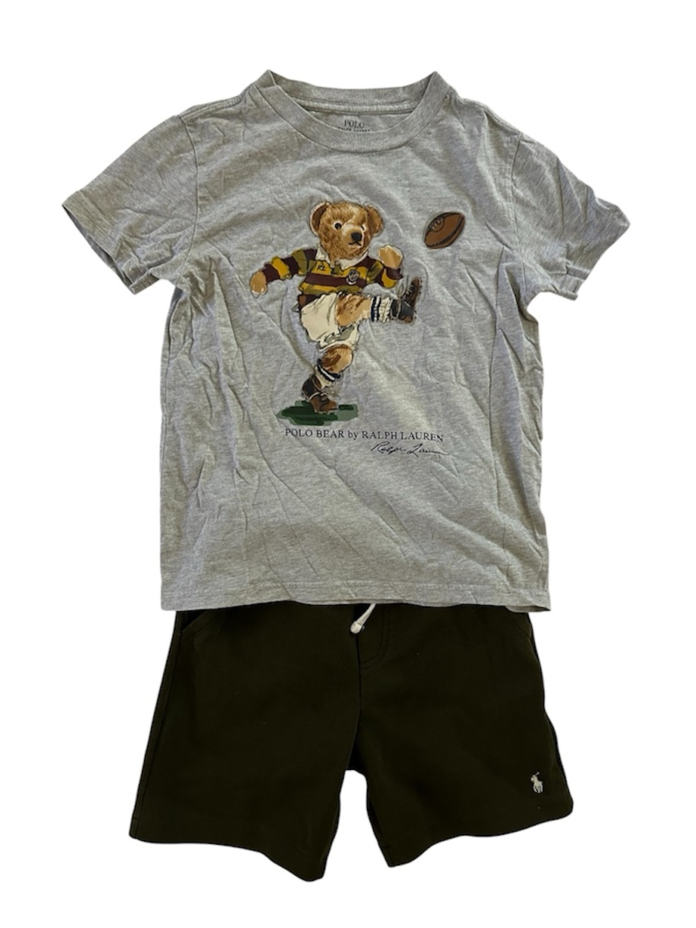 Polo by Ralph Lauren Boy’s Polo Bear Football Tee and Olive Green Shorts Set